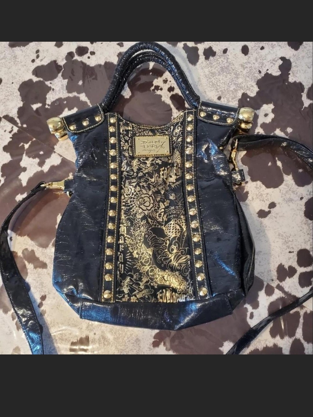 Ed Hardy Vintage Black And Gold Studded Handbag